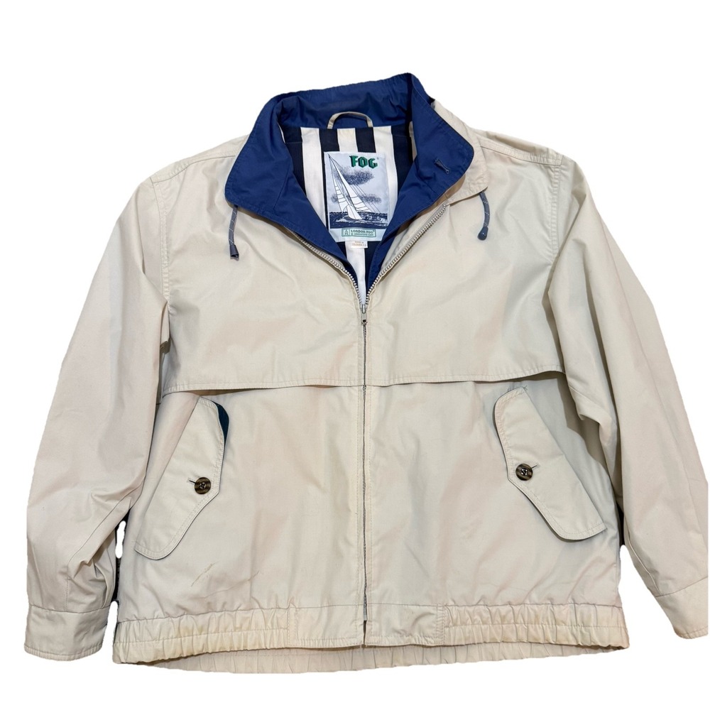 Vintage‎ London Fog Jacket Mens Medium Off White All Weather Navy Stripe